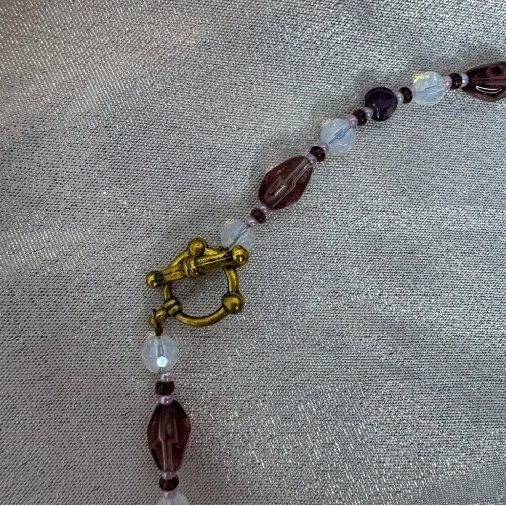 Amethyst necklace beaded opal look beads stunning purple pink silver gold toggle